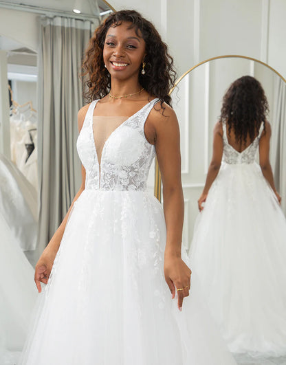 A Line Lace Backless V-Neck Wedding Dress