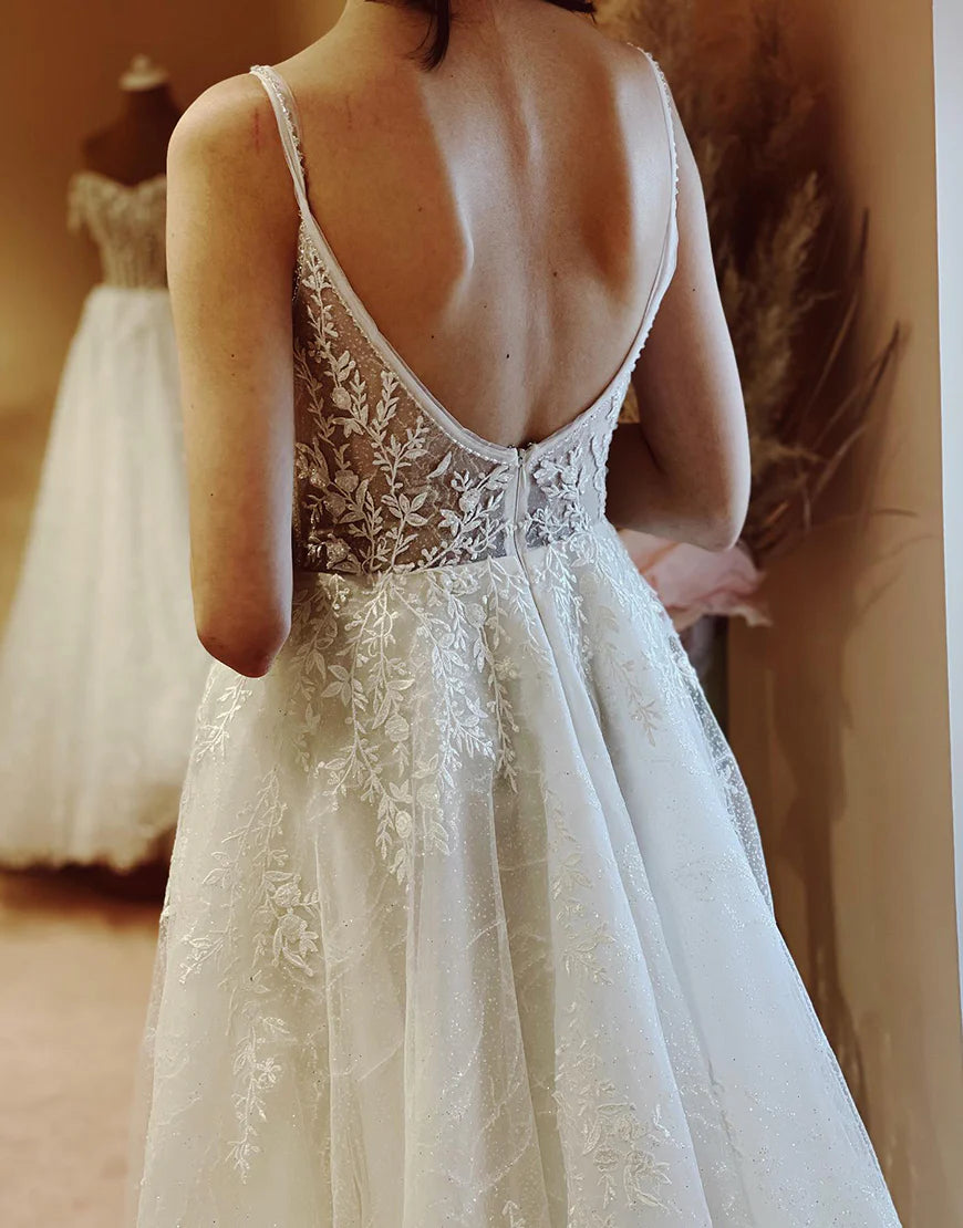 A Line Spaghetti Straps Ivory Long Bridal Dress