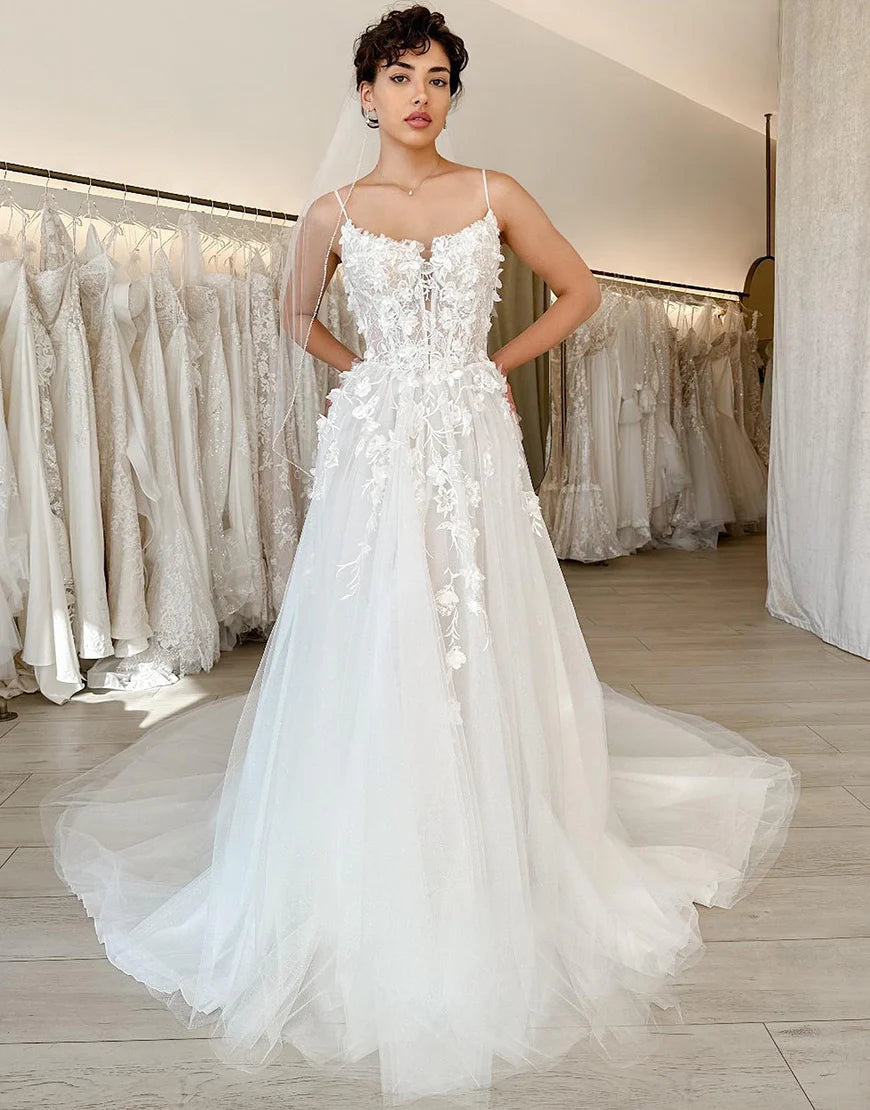 A Line Lace Tull Wedding Dress With Appliques