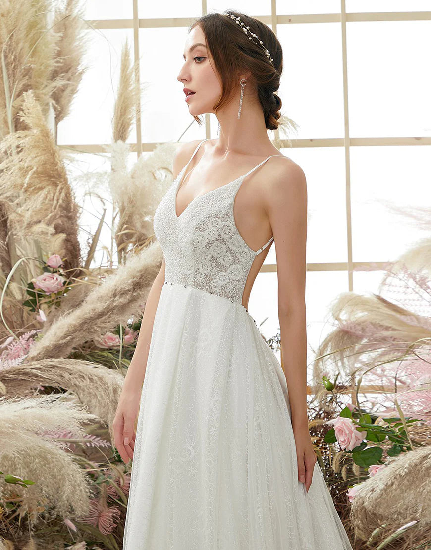 V Neck Blackless Wedding Dress