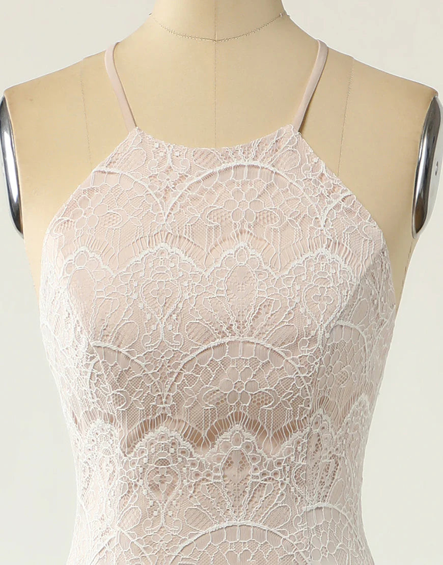 Mermaid Halter White Lace Wedding Dress with Sweep Train