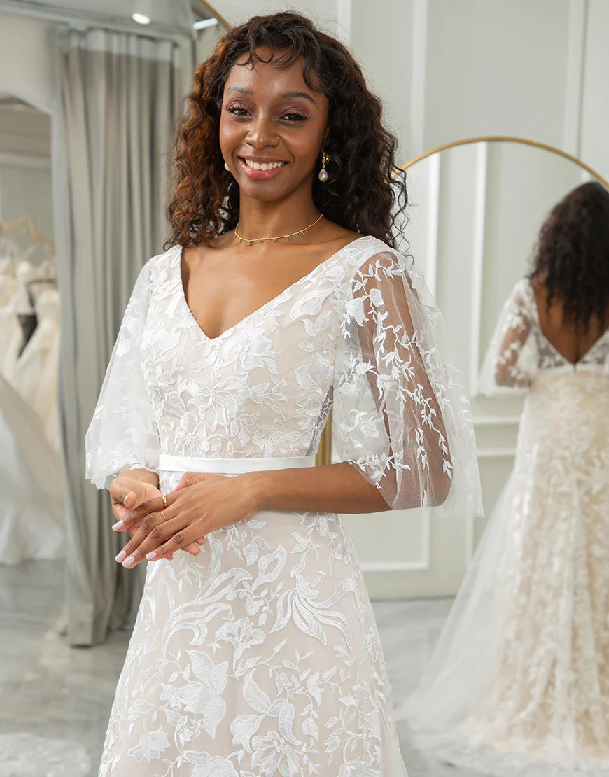 A Line Short Sleeve V Neck Bohemian Beach Wedding Dress