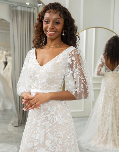 A Line Short Sleeve V Neck Bohemian Beach Wedding Dress