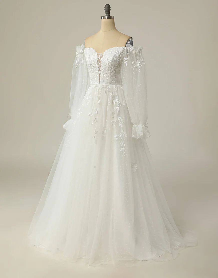 Luxurious A Line Off the Shoulder White Wedding Dress with Appliques
