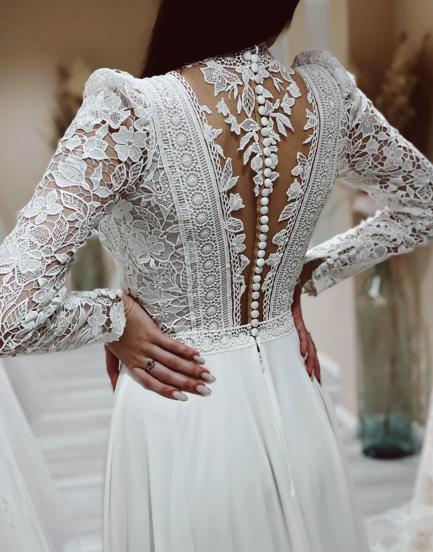A Line Long Sleeves Ivory Long Bridal Dress With Slit