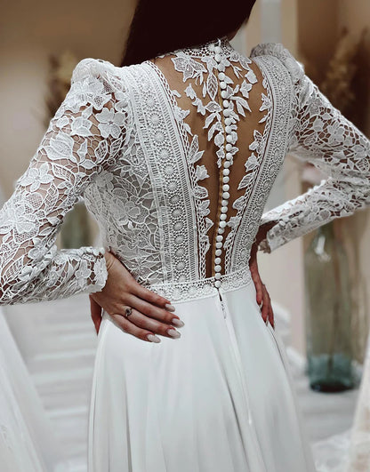 A Line Long Sleeves Ivory Long Bridal Dress With Slit