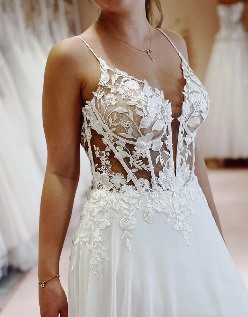 A Line Spaghetti Straps Open Back Ivory Corset Bridal Dress