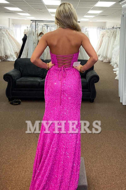 Formal Women's Dresses Wedding Guest Dresses Mermaid Strapless Sequins Lace-Up Long Prom Dress Backless Side Fork Sparkle Evening Dress