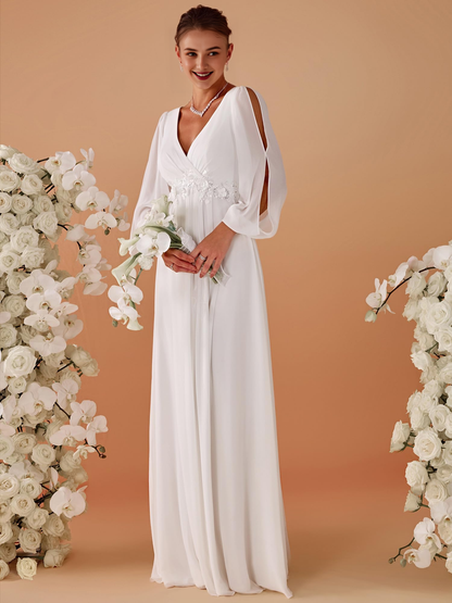 New Pattern Wedding Dress Deep V Neck Long Sleeves Floor Length Ruched Chiffon One's Waist Applique Formal Women's Dresses