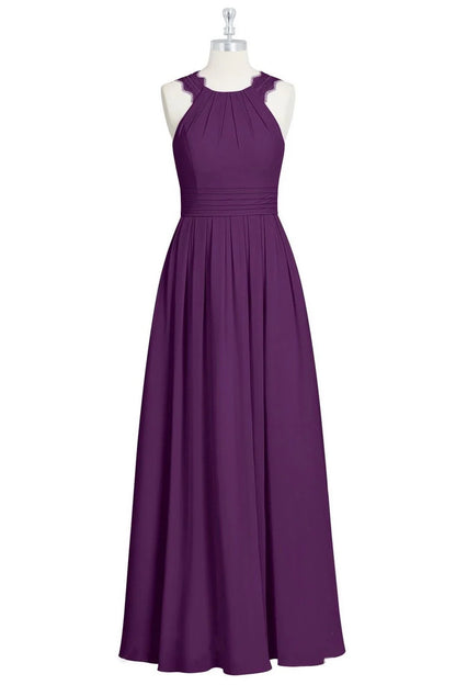 Purple Halter Backless Sleeveless  A-line Gathered Chiffon Bridesmaid Dress