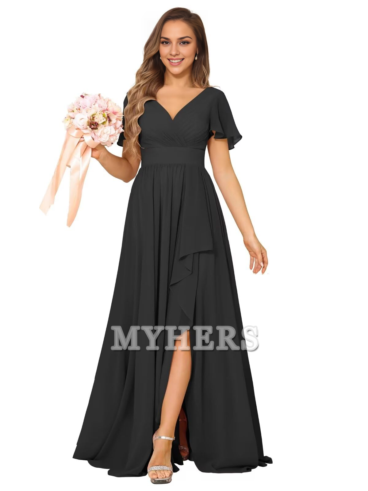 Elegant V Neck Chiffon Pleated Side Fork Exquisite Bridesmaid Dresses Wedding Guests Dresses