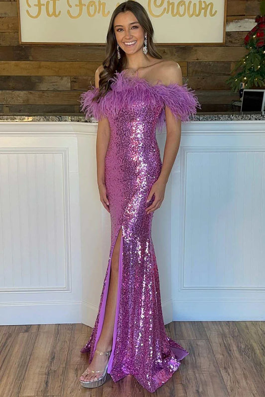 Sequin Feather Off-the-Shoulder Mermaid Long Formal Gown