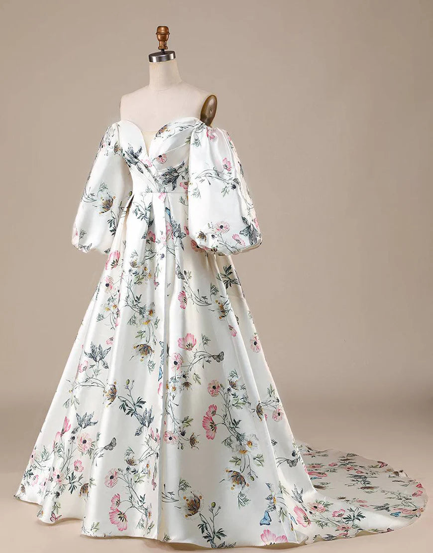 Off the Shoulder Floral Satin Chapel Train Wedding Dress