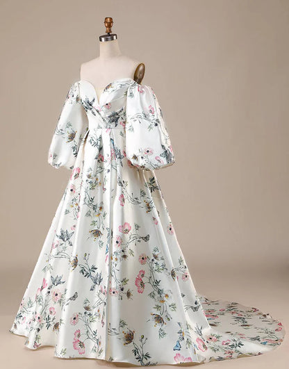 Off the Shoulder Floral Satin Chapel Train Wedding Dress