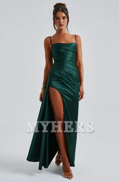 Elegant Spaghetti Strap Cowl Neckline Pleated Side Fork Charming Dresses Bridesmaid Dresses Wedding Guests Dresses