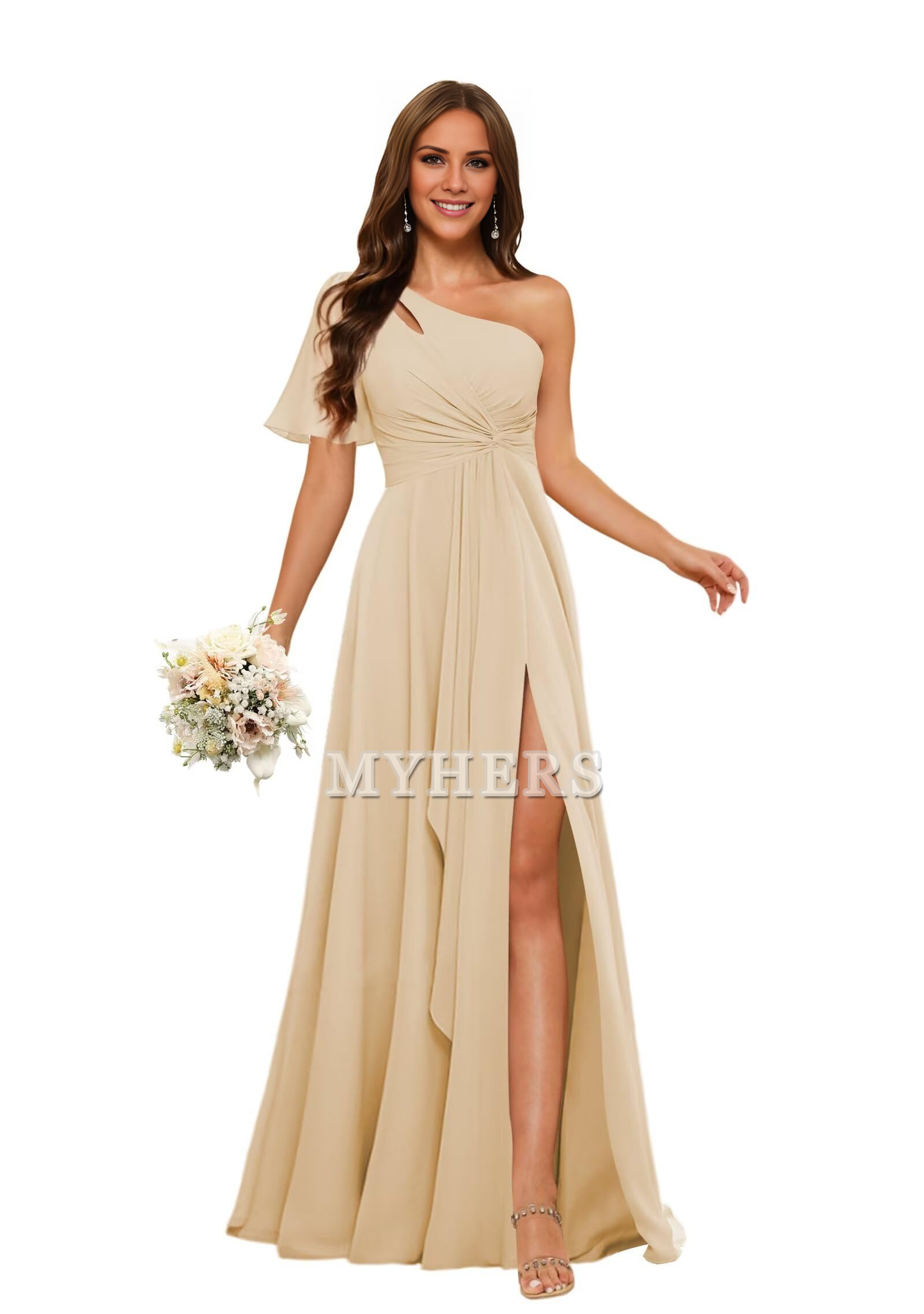 Single Sleeve Short Sleeves Chiffon Side Fork Pleated Elegant Bridesmaid Dresses Wedding Guests Dresses