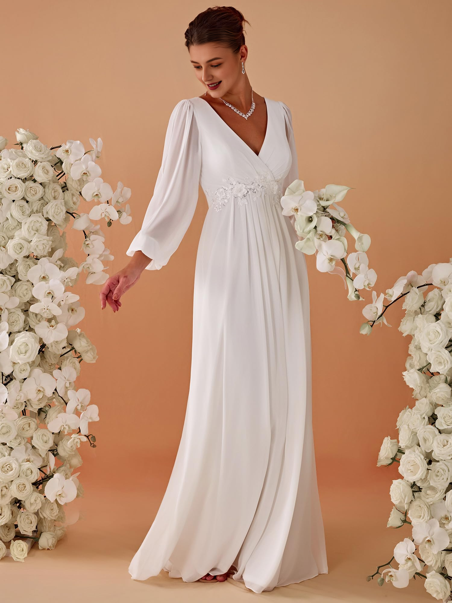 New Pattern Wedding Dress Deep V Neck Long Sleeves Floor Length Ruched Chiffon One's Waist Applique Formal Women's Dresses
