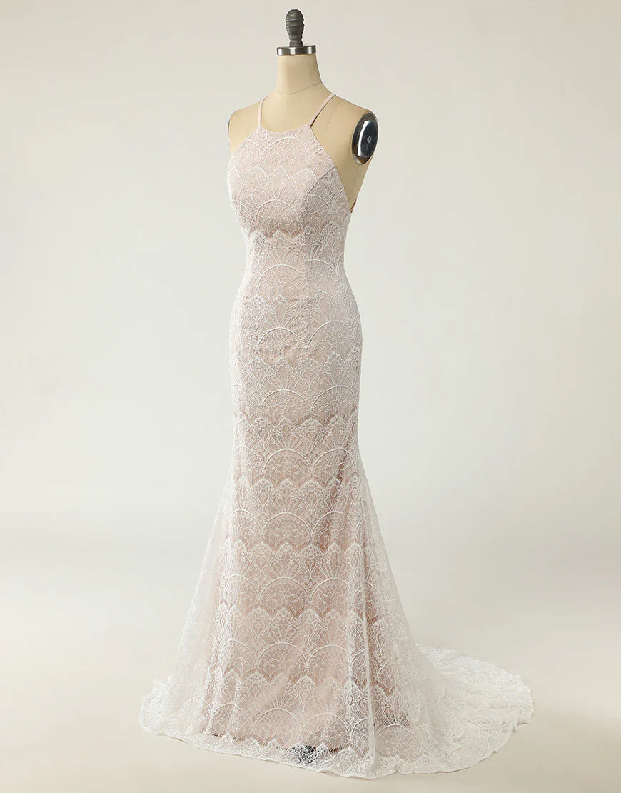 Mermaid Halter White Lace Wedding Dress with Sweep Train