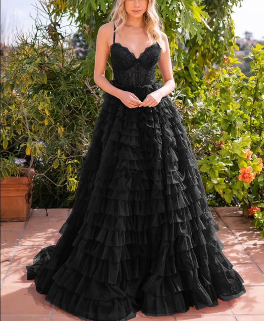 Wedding Guest Dress A-line Tulle Skirt Bodice Embellished Same Tone Crystals Lace up Open Back Floor Length Layered Ruffles Side Leg Slit Sweep Train Black Formal Dress Evening Dress