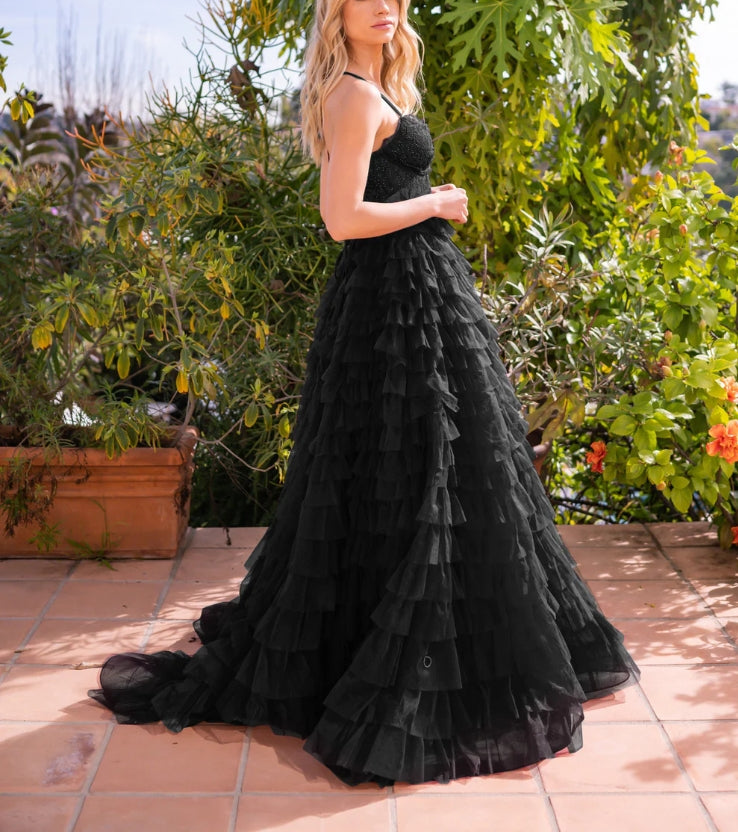 Wedding Guest Dress A-line Tulle Skirt Bodice Embellished Same Tone Crystals Lace up Open Back Floor Length Layered Ruffles Side Leg Slit Sweep Train Black Formal Dress Evening Dress