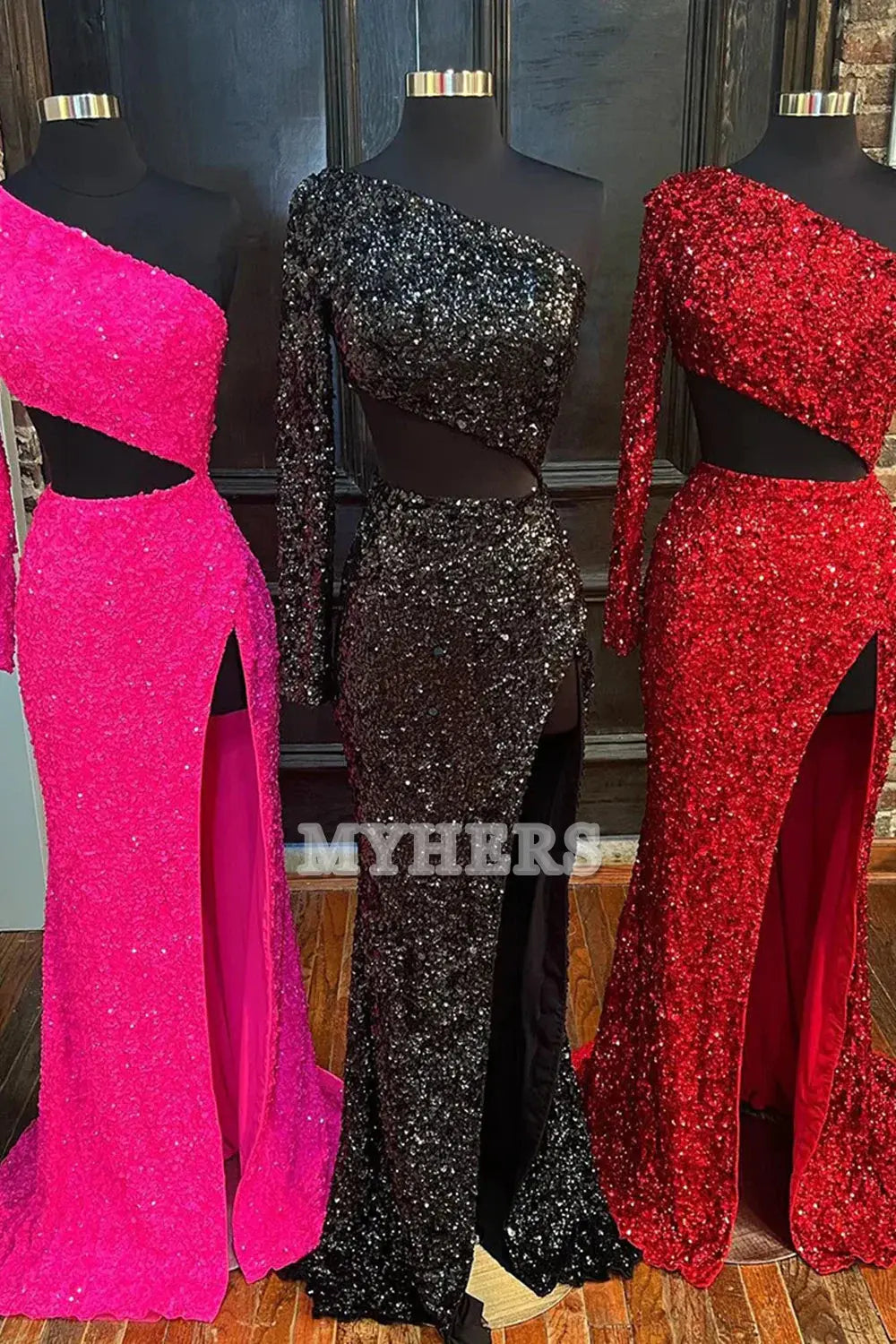 Formal Wear Dresses Wedding Guest Dresses Sheath One Shoulder Long Sleeves Sequins Long Prom Dress Side Fork Unique Evening Dress