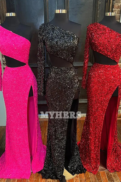 Formal Wear Dresses Wedding Guest Dresses Sheath One Shoulder Long Sleeves Sequins Long Prom Dress Side Fork Unique Evening Dress