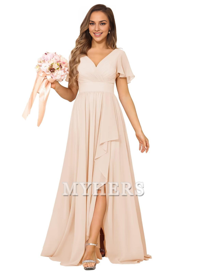 Elegant V Neck Chiffon Pleated Side Fork Exquisite Bridesmaid Dresses Wedding Guests Dresses