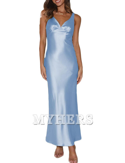 Elegant V Neck Backless Sleeveless Maxi Dress Low Back Bridesmaid Dresses Wedding Guests Dresses