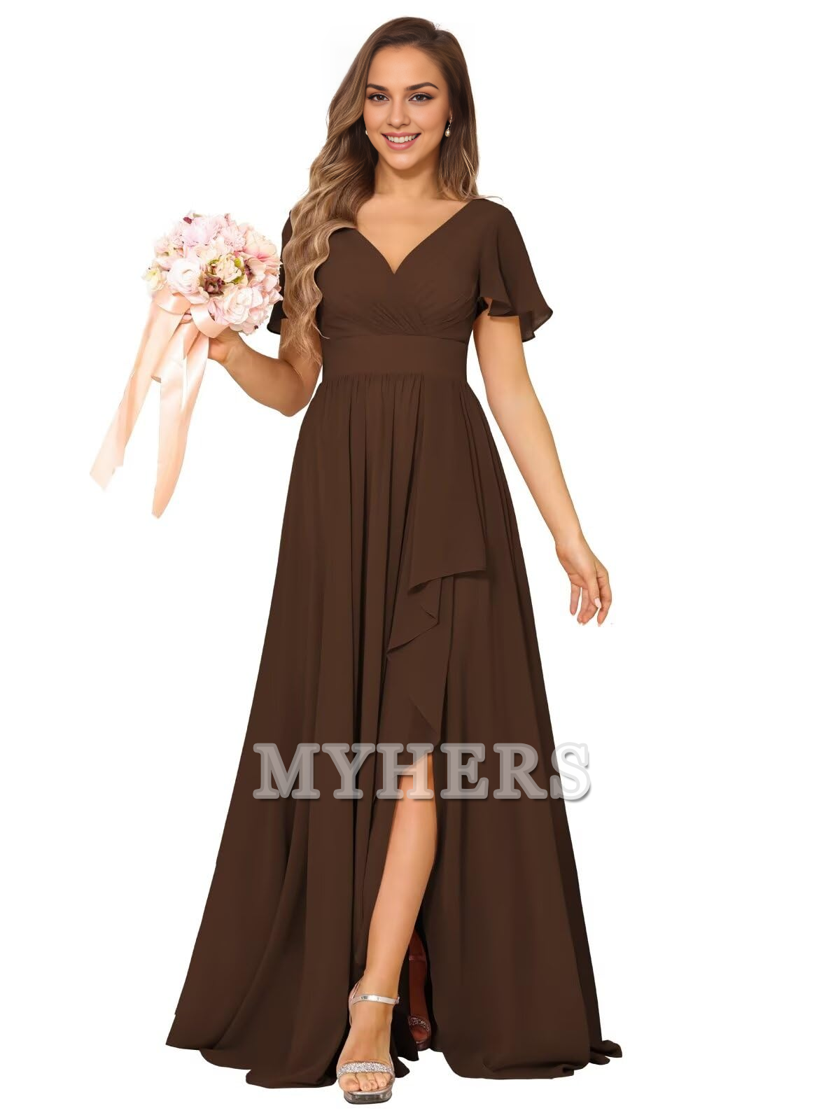 Elegant V Neck Chiffon Pleated Side Fork Exquisite Bridesmaid Dresses Wedding Guests Dresses