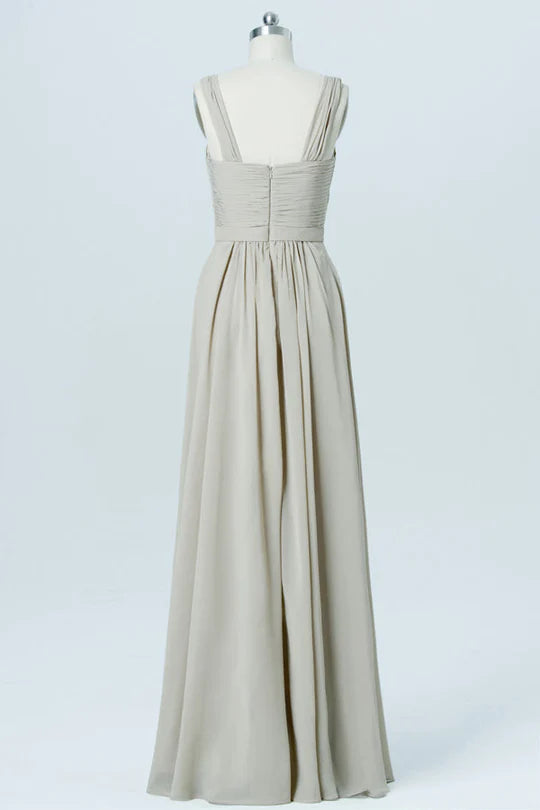 Grey Chiffon Wide Straps Square neck Banded Waist Bridesmaid Dress