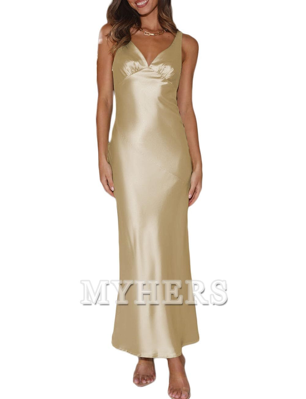 Elegant V Neck Backless Sleeveless Maxi Dress Low Back Bridesmaid Dresses Wedding Guests Dresses