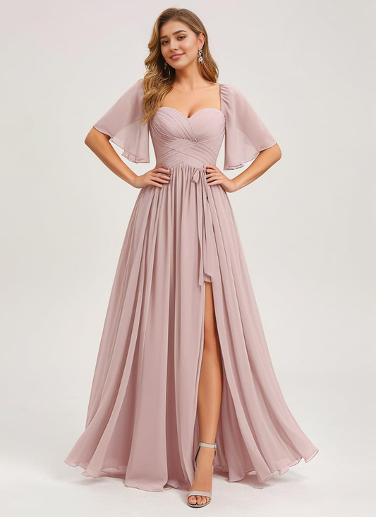 A Line Flutter Sleeves Ruched Chiffon Side Fork Long Bridesmaid Dresses Wedding Guests Dresses