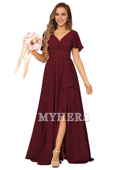 Elegant V Neck Chiffon Pleated Side Fork Exquisite Bridesmaid Dresses Wedding Guests Dresses