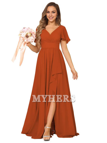 Elegant V Neck Chiffon Pleated Side Fork Exquisite Bridesmaid Dresses Wedding Guests Dresses