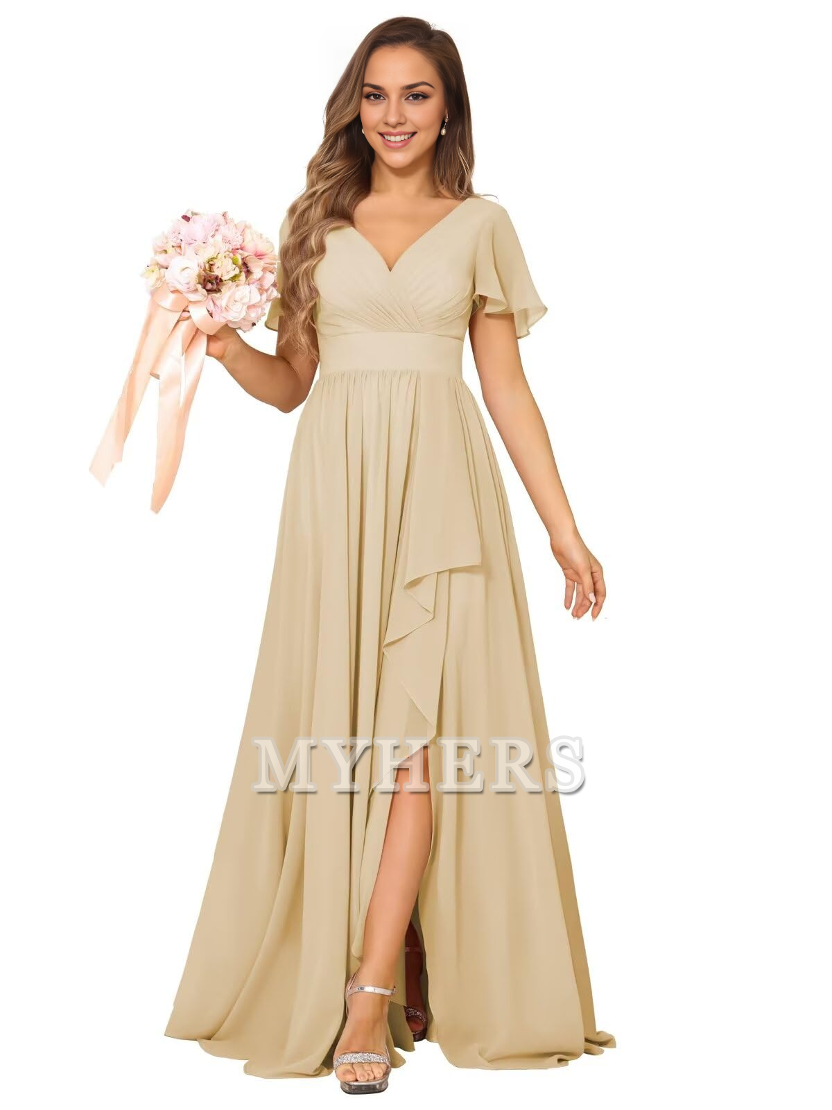 Elegant V Neck Chiffon Pleated Side Fork Exquisite Bridesmaid Dresses Wedding Guests Dresses