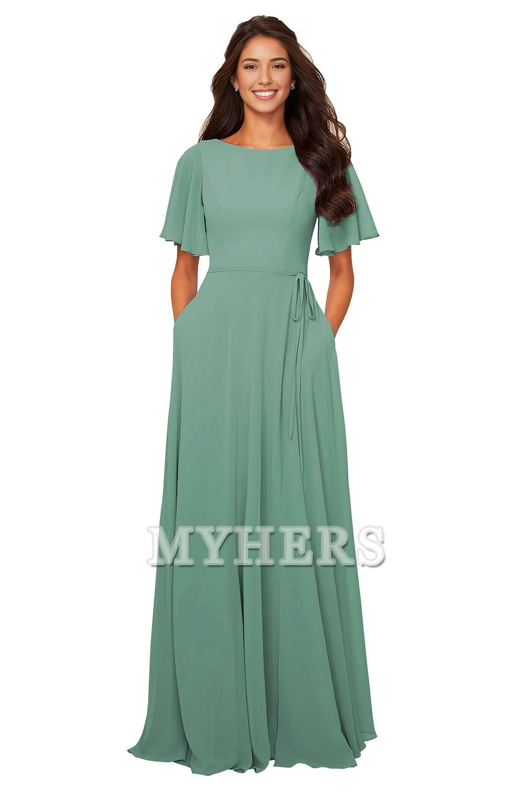 Chiffon Modest A Line Bateau Neck Flutter Sleeve Elegant Bridesmaid Dresses Wedding Guests Dresses