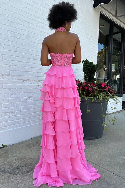 Halter Ruffle Tiered Chiffon Long Prom Dress
