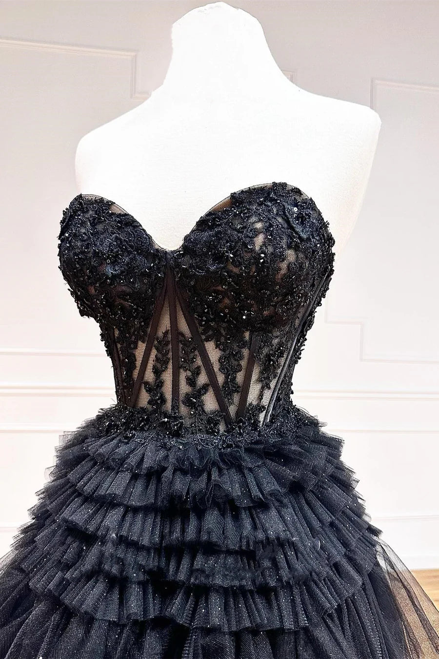 Tulle Sweetheart Tiered A-Line Long Prom Dress with Ruffles