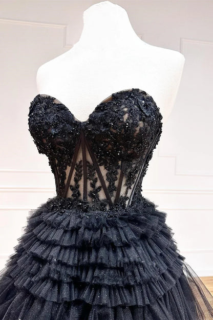 Tulle Sweetheart Tiered A-Line Long Prom Dress with Ruffles