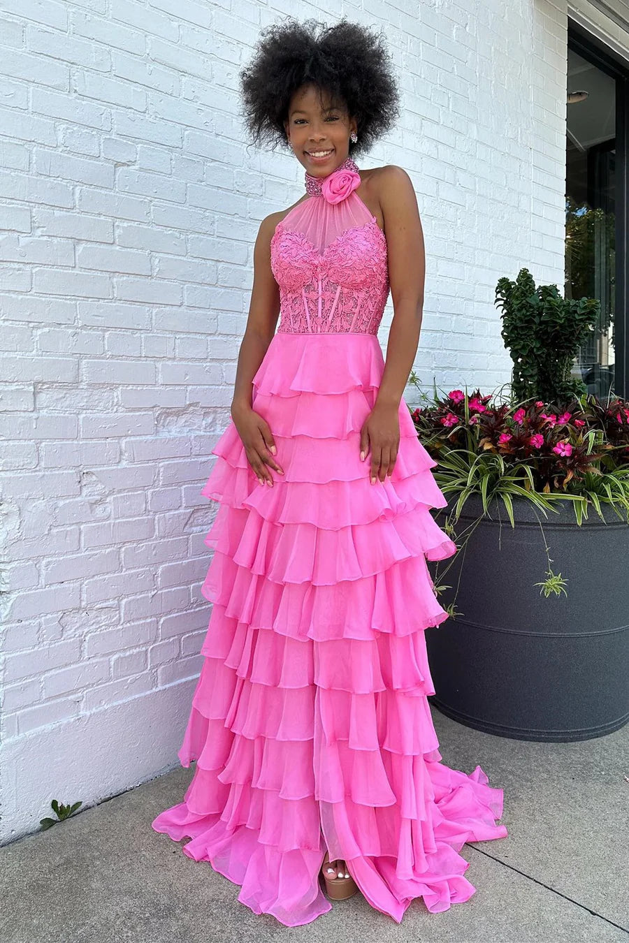 Halter Ruffle Tiered Chiffon Long Prom Dress