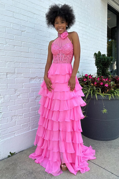 Halter Ruffle Tiered Chiffon Long Prom Dress