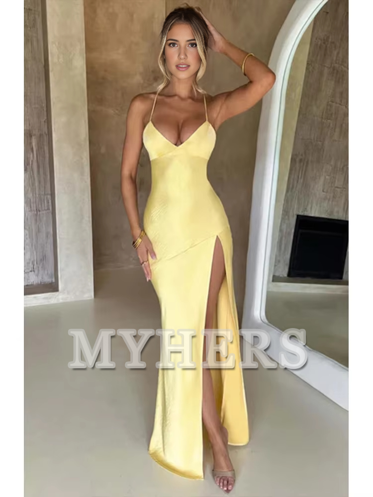 Bandage Backless Elegant Dress Side Fork Spaghetti Strap Slim Cocktail Party Club Fashion Satin Solid Lace-Up Long Dresses Evening Dress Formal Women's Dresses