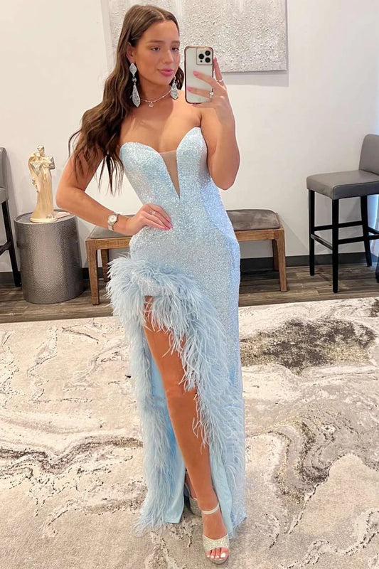 Sequin Feather Strapless Long Formal Dress with Slit