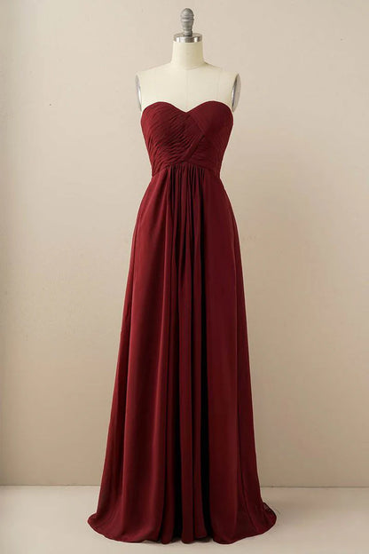 Burgundy Sweetheart Chiffon A-Line Off-the-Shoulder Pleats Bridesmaid Dress