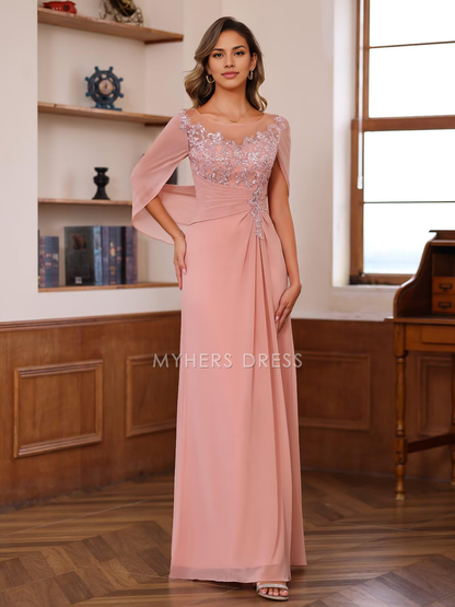 My Hers New Product Mother of The Bride Dress Lace Long Women Pleated Sequin Cape Scoop Illusion Chiffon Dresses Wedding Guests Dresses