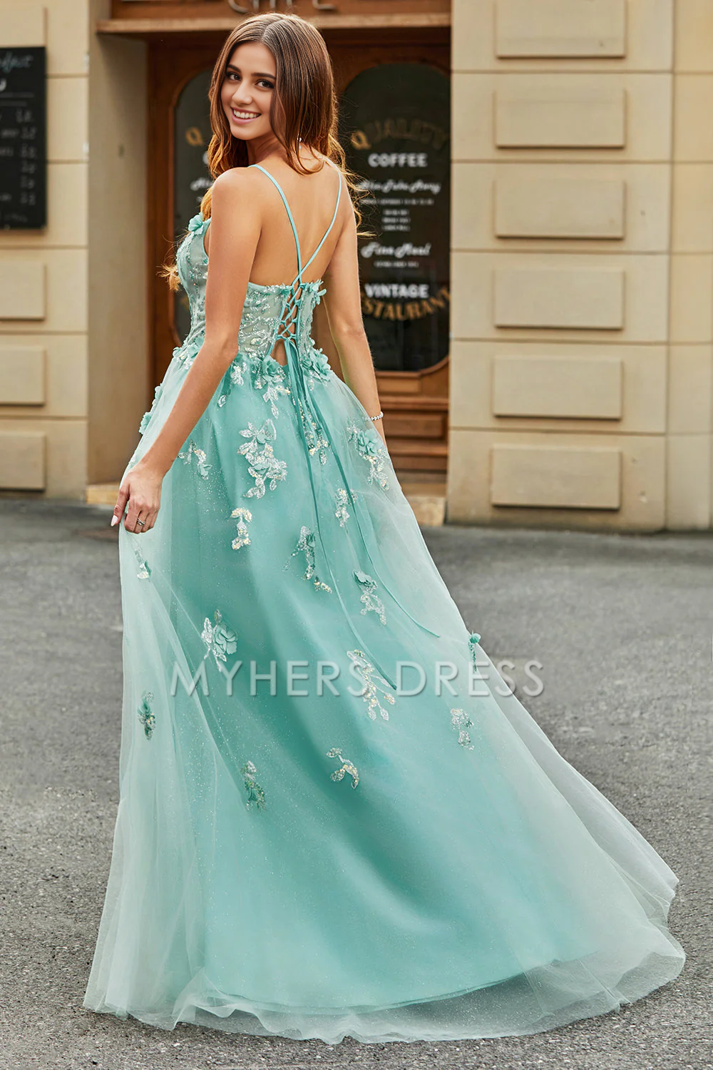 My Hers Ladies Formal Dress Exquisite A-Line Spaghetti Strap Tulle Corset Backless With Appliques Prom Dress