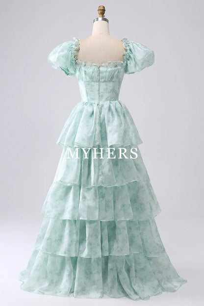 Formal Wear Dresses A-Line Off Shoulder Tiered Corset Puff Sleeves Romantic High Quality Prom Dresses