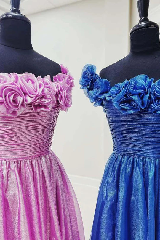 Off the Shoulder A-Line Prom Dress with 3D Floral