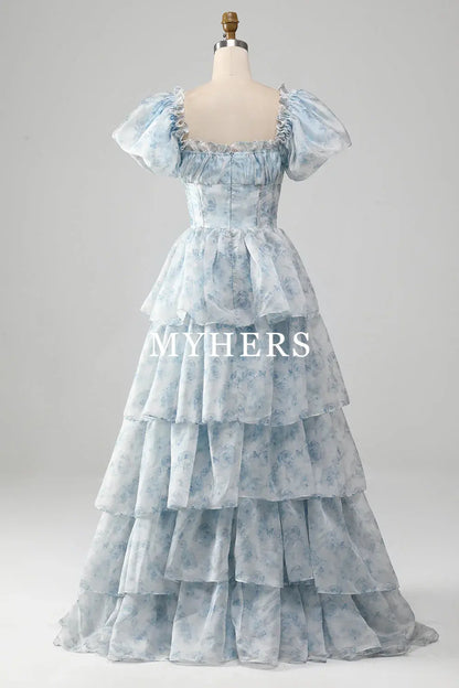 Formal Wear Dresses A-Line Off Shoulder Tiered Corset Puff Sleeves Romantic High Quality Prom Dresses