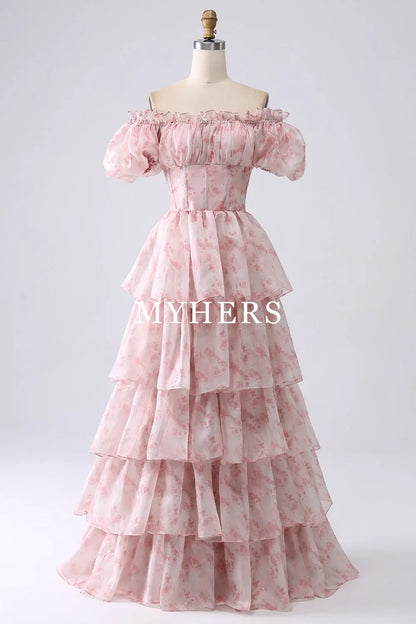 Formal Wear Dresses A-Line Off Shoulder Tiered Corset Puff Sleeves Romantic High Quality Prom Dresses